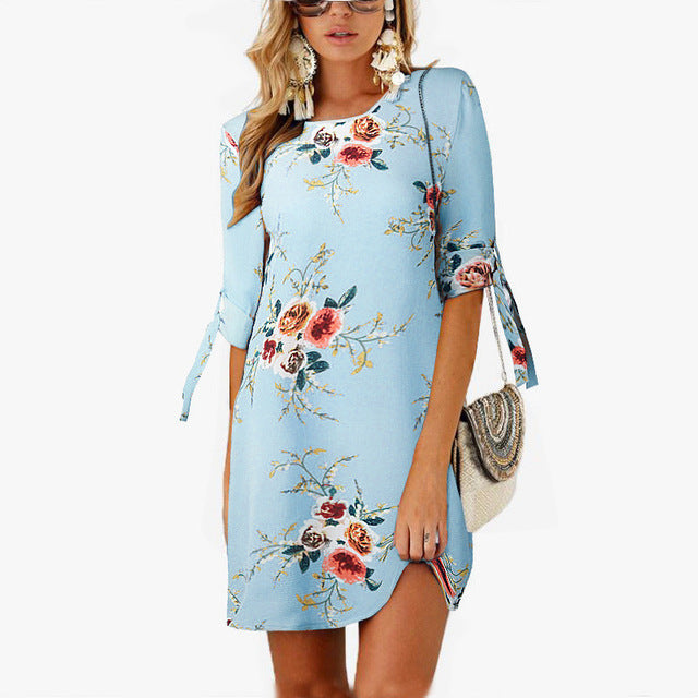Women Boho Style Floral Print Chiffon Beach Dress Tunic Sundress Loose