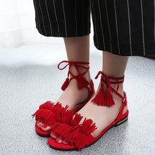 Carica l'immagine nel visualizzatore di Gallery, BOHEMIAN Women Fur Ankle Strap Gladiator Flats Tassel Beach Sandals