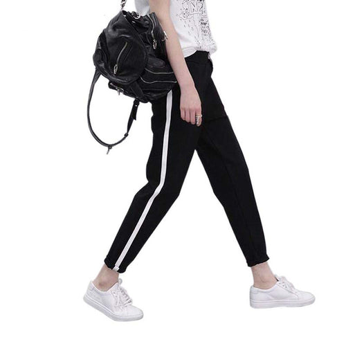 Women Casual Harem Loose Trousers Black Striped Side Spring Sweatpants Pants