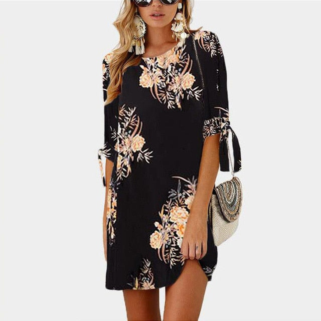 chinese dress ladies Women Boho Style Floral Print Chiffon Beach Dress Tunic Sundress Loose