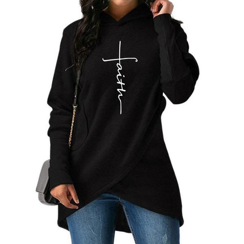 Women Autumn Hoodies Sweatshirts Long Sleeve Faith Embroidery Warm Hooded Pullover Tops