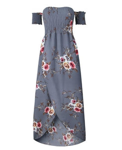 Women Boho Style Long Off Shoulder Beach Summer Floral Print Vintage Chiffon Maxi Dress