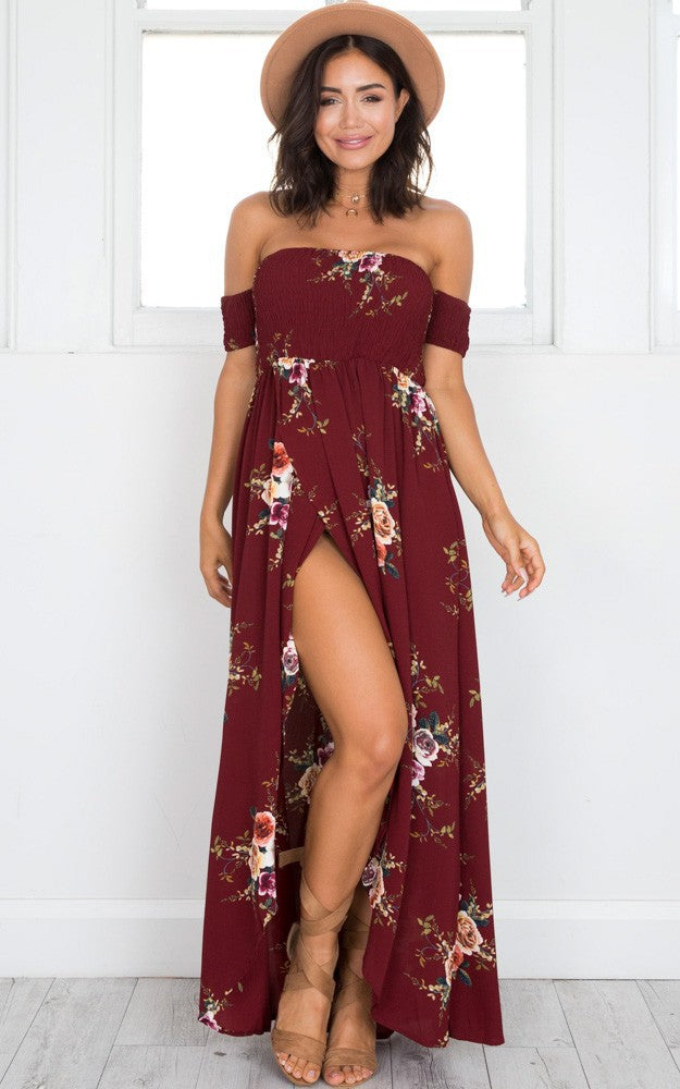 Women Boho Style Long Off Shoulder Beach Summer Floral Print Vintage C Women Boho Style Long Off Shoulder Beach Summer Floral Print Vintage C