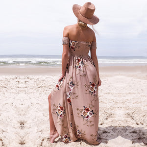 Women Boho Style Long Off Shoulder Beach Summer Floral Print Vintage Chiffon Maxi Dress