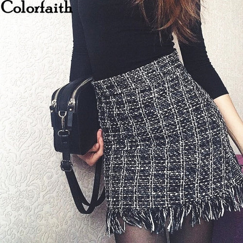 Women Woolen Mini Autumn Winter Vintage Straight Plaid Tassel Skater High Waist Skirt