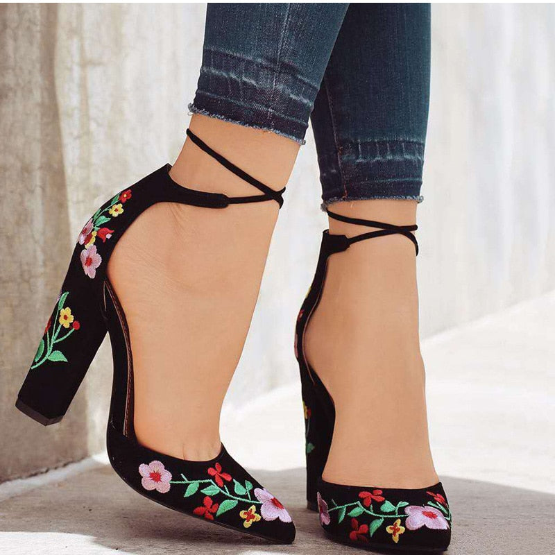 Women High Heels Plus Size Embroidery Pumps Flower Ankle Strap Shoes