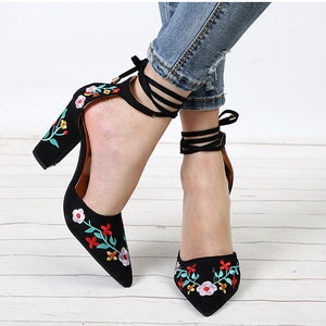 Women High Heels Plus Size Embroidery Pumps Flower Ankle Strap Shoes