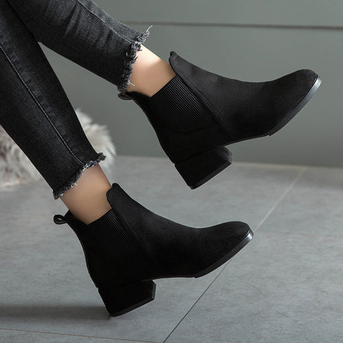 Women's Black Ankle Thick Heel Slip on Ladies Shoes Martin Boots