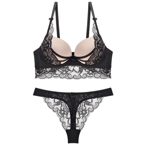Women's Thong Pushup Bra Lace Hollow Out Bralette Underwear Panty Set