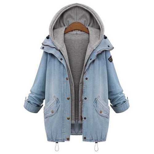 Women Warm Winter Bomber Spring Autumn Hooded Coat Swish Pockets Two Piece Basic Jeans Denim Jackets