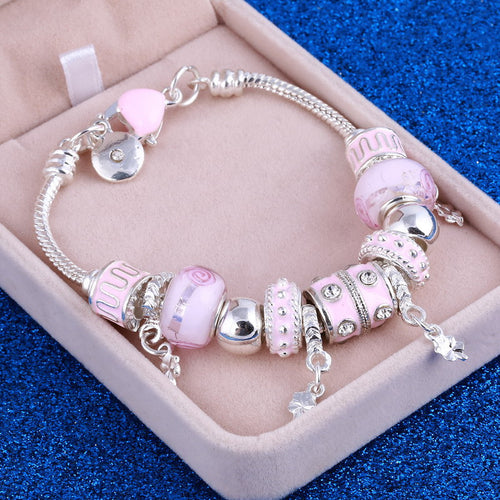 Pink Crystal Charm Silver Bracelets & Bangles for Women