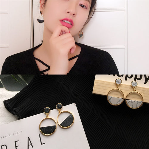 Women's Handmade Simple Geometric Circular Marble Long Popular Earrings