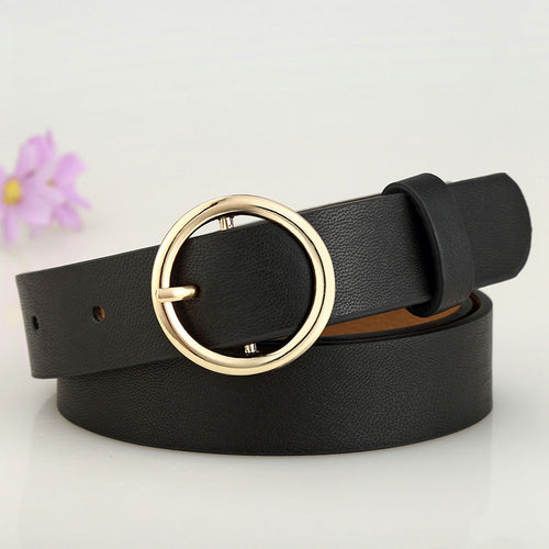 Women's Gold Round Metal Circle Black PU Leather Waist Belts Jeans Pants