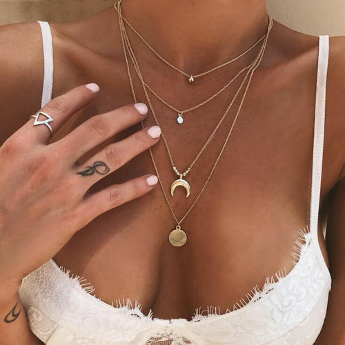 Women Gold Color Multilayer Coin Tassels Lariat Bar  Feather Pendants Beads Choker Necklaces