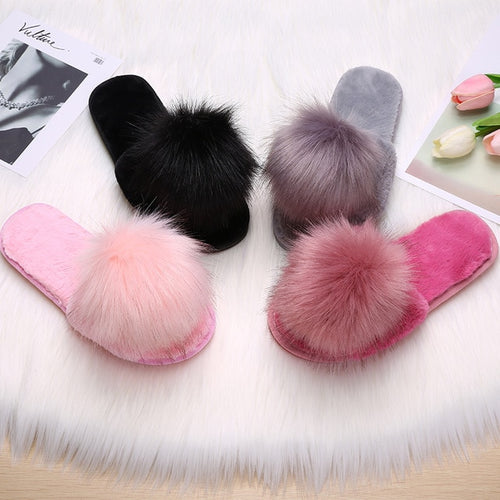 Women's Furry Cute Plush Fox Hair Fluffy Fur Winter Warm Slippers