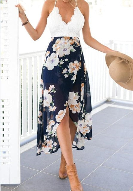 Women Summer style lace long flower print patchwork dresses