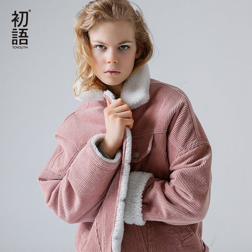 Women Autumn Winter Basic Lambswool Bomber Long Sleeve Casual Single Breasted Denim Jacket