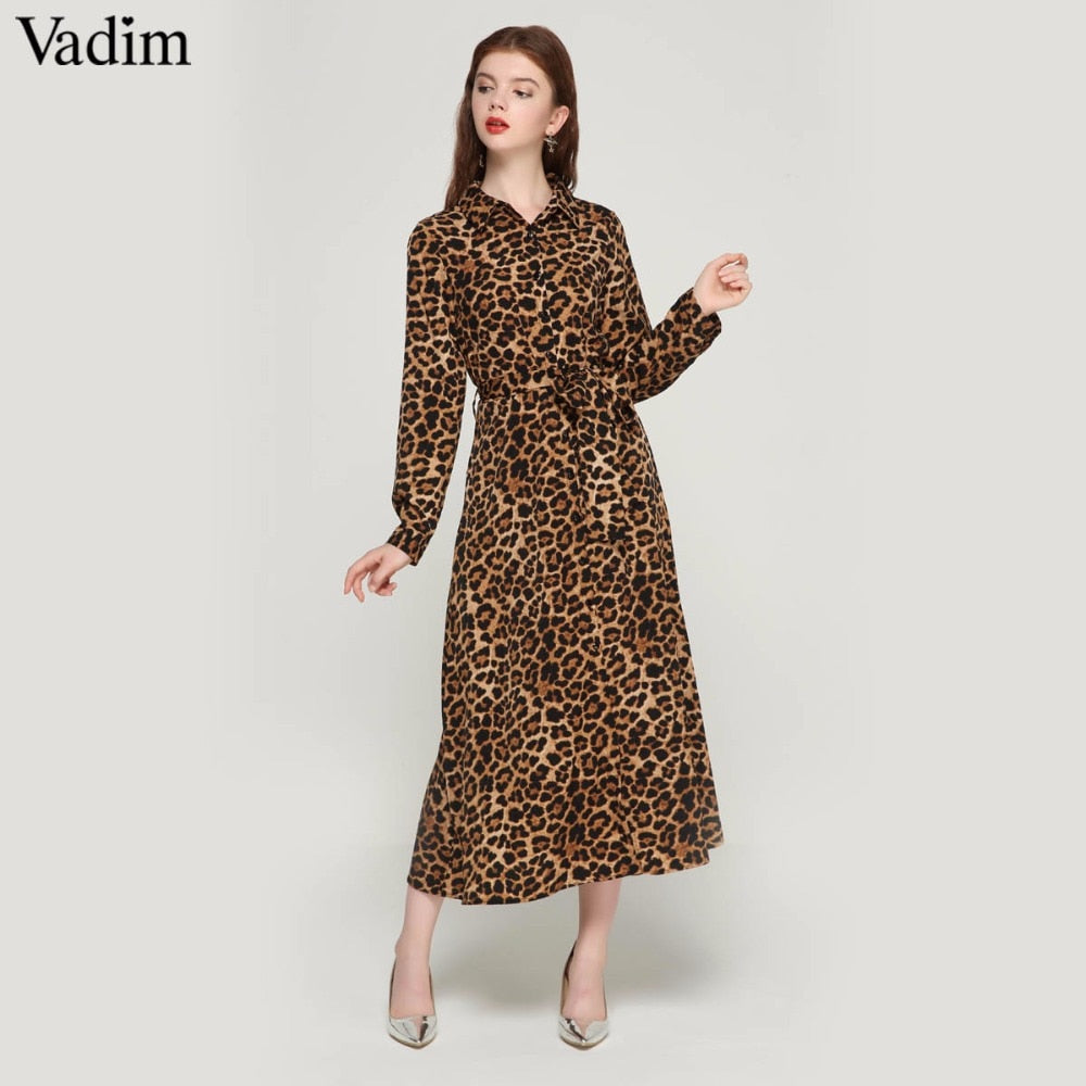 Women Leopard Print Ankle Length Bow Tie Sashes Long Sleeve Retro Casu Women Leopard Print Ankle Length Bow Tie Sashes Long Sleeve Retro Casu