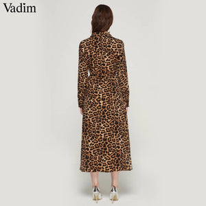 Women Leopard Print Ankle Length Bow Tie Sashes Long Sleeve Retro Casual Chic Dresses