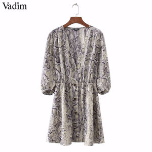 Women Vneck Snake Pattern Elastic Waist Quarter Sleeve Pleated Buttons Casual Mini Dress