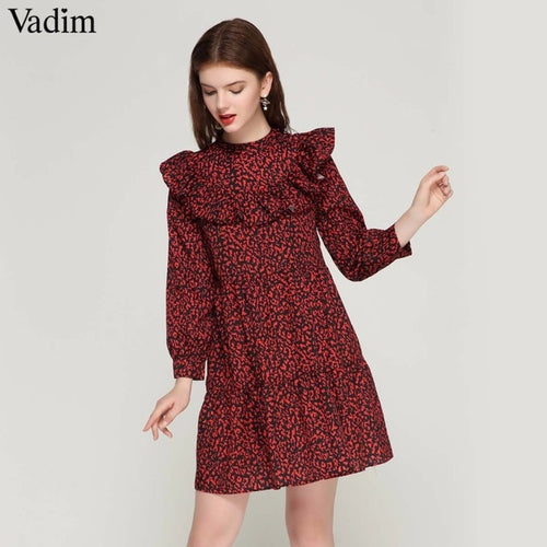 Women Vintage Leopard Sweet Ruffles Long Sleeve O Neck Pleated Casual Straight