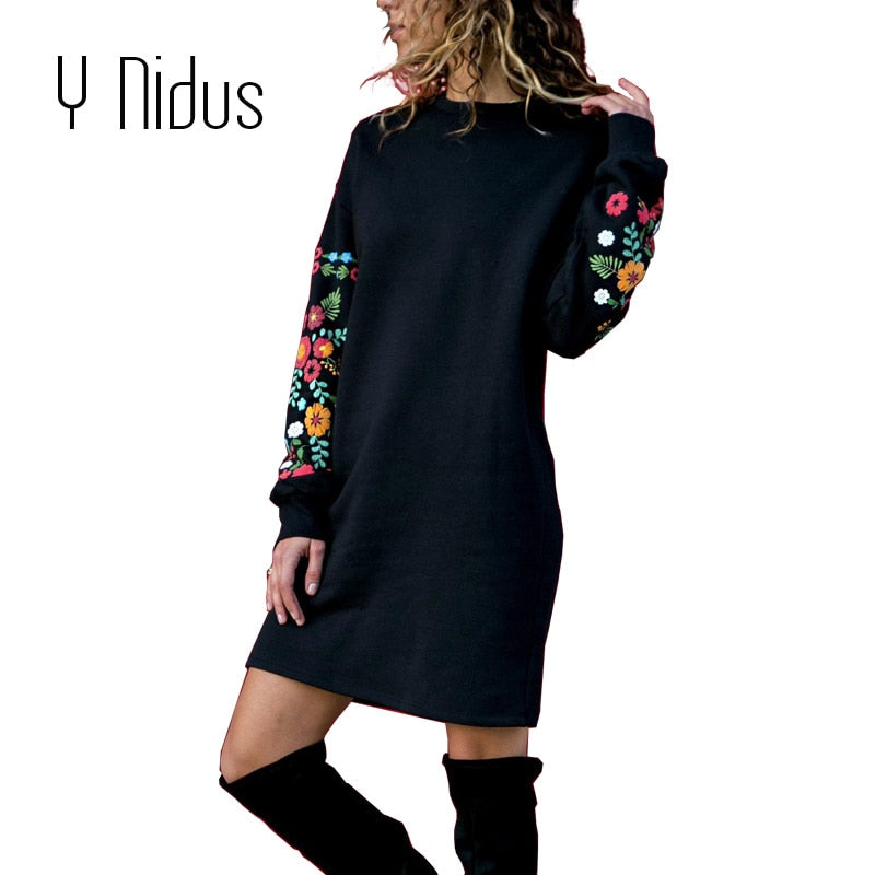 Women Winter Mini Elegant Floral Print Long Sleeve O-Neck Loose Warm D